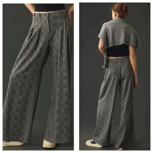 Anthropologie Maeve Plaid Pleated Pants Size 8 Black Houndstooth Trousers